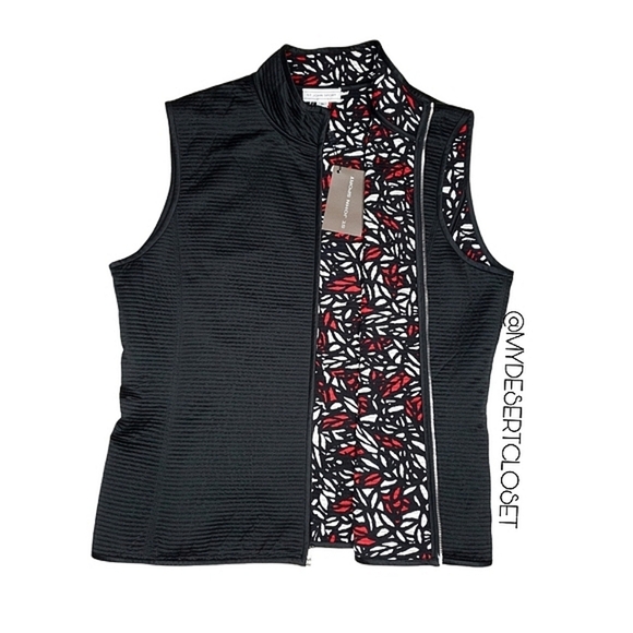 St. John Sport Reversible Black Red Floral Ribbed Zipper Vest NWT